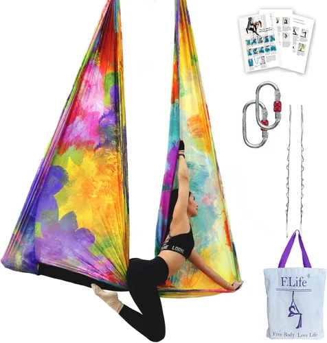 Miniatura 16 de F.Life Kit de hamaca de yoga aéreo, columpio de yoga, multicolor, 5 yardas, yoga volador, incluye cadena de margarita, mosquetón y guía de postura