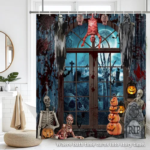 Miniatura 7 de Renaiss Cortina de ducha de Halloween de 60 x 72 pulgadas para decoración de Halloween, divertido esqueleto para el hogar, espeluznante calabaza