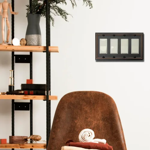 Miniatura 5 de OKAWYC Adler - Placa de pared de metal para interruptor de luz cuádruple decorativa, paquete de 2 unidades de bronce envejecido de 4 segmentos
