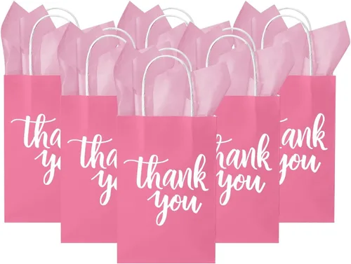 DjinnGlory Paquete de 50 pequeñas bolsas de regalo de papel rosa con asas de 9 x 5.5 x 3.15 pulgadas y 50 papel de seda rosa para recuerdos de