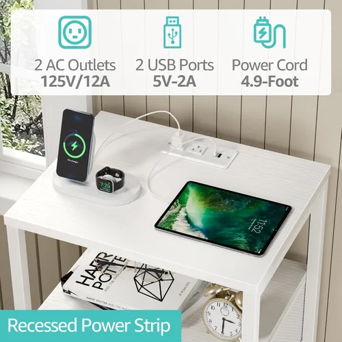 Miniatura 8 de BOLUO Cómoda alta con cajones, mesita de noche blanca con estación de carga y luz LED, cómoda pequeña de 4 cajones en blanco para dormitorio