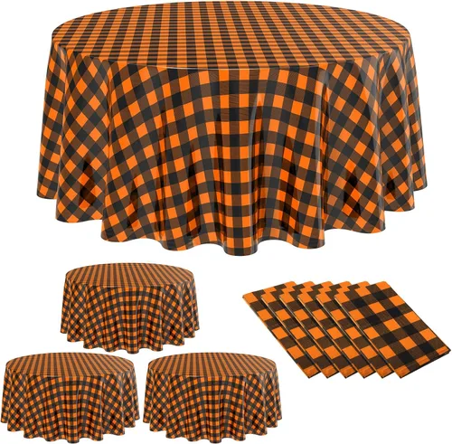 Miniatura 11 de Remagr Mantel Desechable de Cuadros Redondo de Plástico Buffalo Plaid Mantel de Mesa de 84'' Cubierta de Mesa Gingham para Picnic Camping BBQ Fiesta