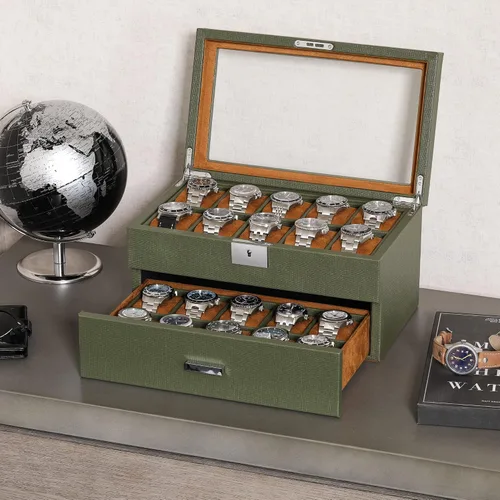 Miniatura 2 de ROTHWELL Caja de relojes de cuero de 20 ranuras - Estuche de exhibición organizador de joyas de lujo, - Estuche de exhibición con cerradura con tapa