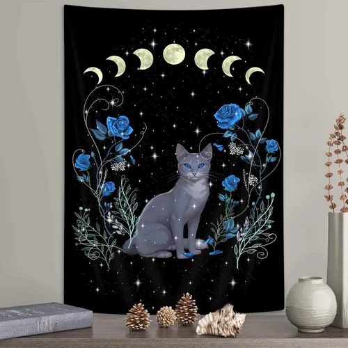 Miniatura 6 de Tapiz vertical estético de fase lunar de zorro, tapiz de tarot floral de bruja, para colgar en la pared para dormitorio, tapiz de hojas de arce
