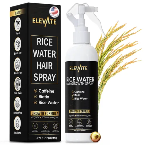 Elevate Spray para el crecimiento del cabello con agua de arroz, infundido con biotina, cafeína y aloe vera para un cabello más grueso, más largo y
