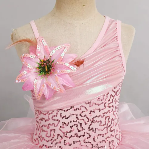 Miniatura 4 de IDOPIP Vestido de ballet con lentejuelas y un hombro para niñas pequeñas, tutú con volantes, falda de bailarina, 3-10 años