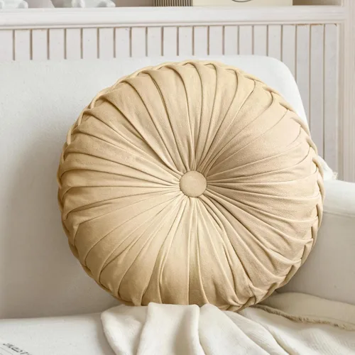 Miniatura 7 de Teieas Almohada Decorativa Redonda de Terciopelo para Decoración del Hogar Cojín Redondo Plisado para Sofá Silla Cama Automóvil (Albaricoque)