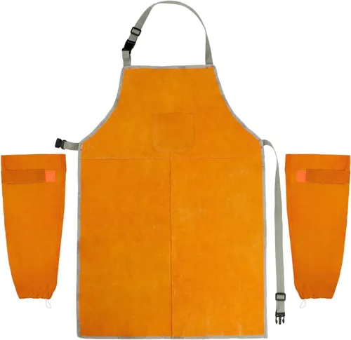 Miniatura 7 de QWORK Delantal y mangas de soldadura, juego de protectores de trabajo de soldadura, taller de trabajo de cuero resistente al calor y al fuego, ropa