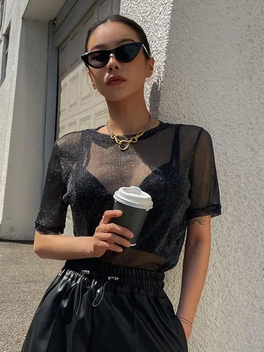 Miniatura 4 de Verdusa Camiseta casual de manga corta con cuello redondo y malla para mujer
