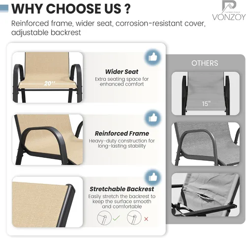 Miniatura 5 de Juego de 4 sillas de comedor para patio, sillas de comedor apilables, respaldo alto, tela de asiento transpirable y marco de acero de aleación