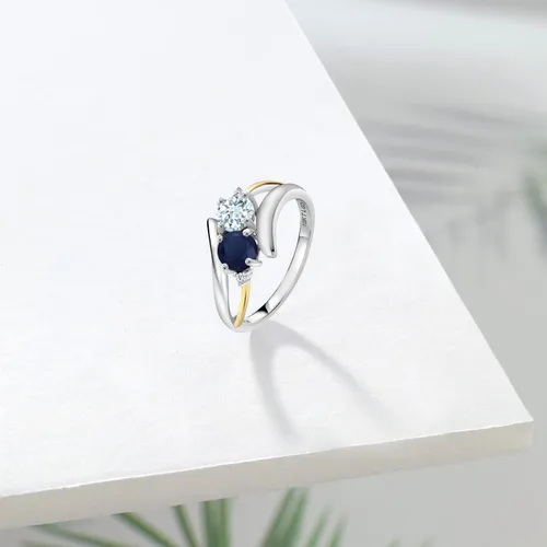 Miniatura 4 de Anillo cruzado de 2 piedras de plata esterlina 925 y oro amarillo de 10 quilates, azul aguamarina, zafiro azul aguamarina y diamante blanco