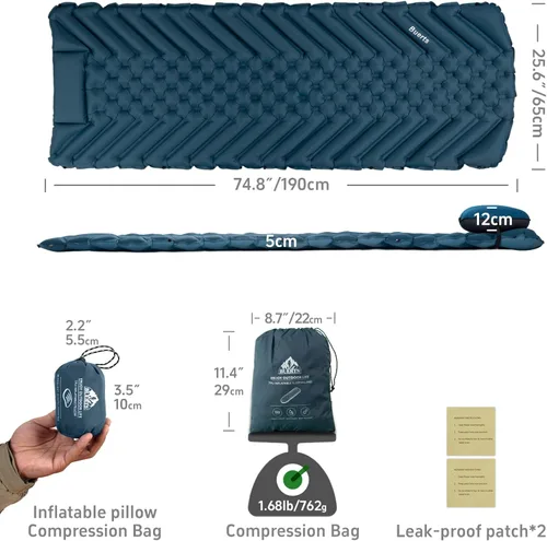 Miniatura 3 de Colchoneta de dormir y almohada inflable, portátil, ultraligero, grueso, rápido de inflar en 30 segundos, se puede empalmar. Adecuado