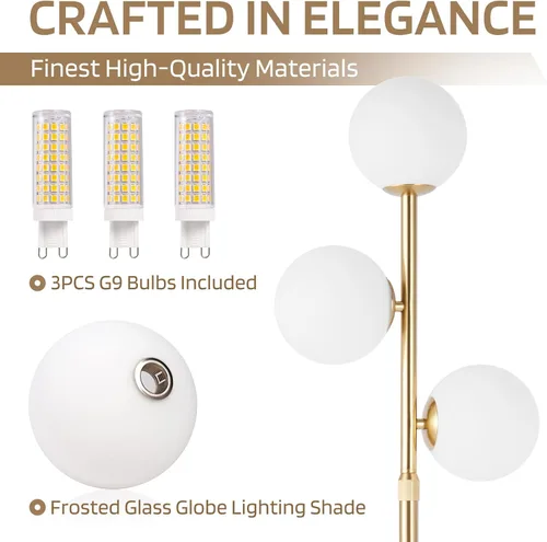 Miniatura 4 de vallerico Lámparas de pie modernas de 3 globos de mediados de siglo para sala de estar, lámpara de pie de altura ajustable con base de mármol, Dorado