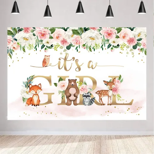 Fondo para baby shower, con texto en inglés "It's a Girl", animales de la selva, 5 x 3 pies, acuarela, flores rosas, flores, fondo para fotografía,
