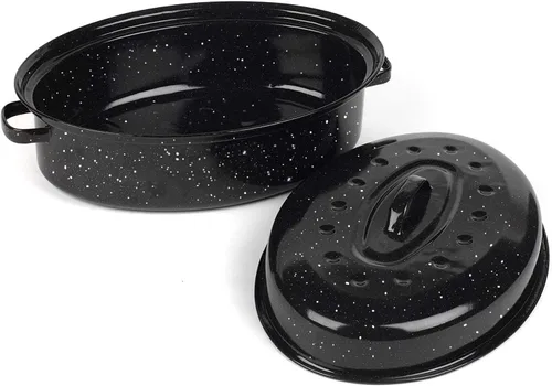 Sartén para asar de 16 pulgadas con tapa - Cacerola ovalada cubierta - Olla para asar de acero al carbono esmaltada - Excelente distribución del