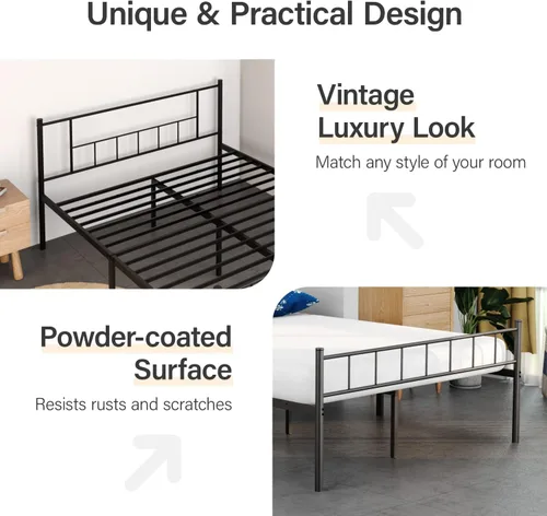 Miniatura 3 de Base de cama King de 12 pulgadas con cabecero, marco de cama de metal resistente con almacenamiento, base de cama de colchón no necesita somier