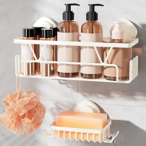Miniatura 9 de KEGII Organizador de ducha con ventosa con ganchos, estante de succión de ducha de gran capacidad, organizador de baño resistente, soporte de champú