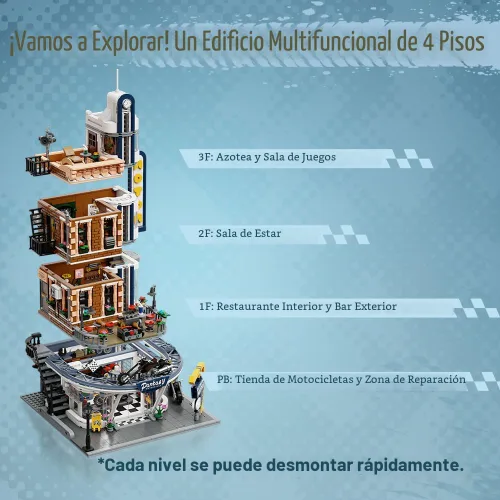 Miniatura 3 de PANTASY Conjunto de Construcción de Restaurante y Bar de Motocicleta Retro - Kit de Arquitectura Modular de Esquina de Calle con Puertas