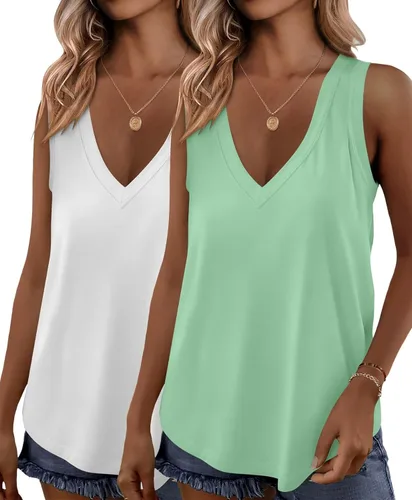 Miniatura 17 de KKJ Paquete de 2 camisetas sin mangas para mujer, cuello en V, camisetas de verano sin mangas, ajuste holgado, casual, trajes de vacaciones, camisas