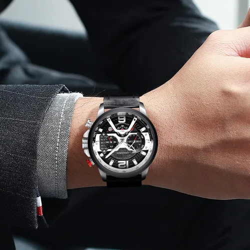 Miniatura 7 de Reloj de pulsera analógico de cuarzo para hombre, cronógrafo, impermeable, correa de cuero, correa de cuero, reloj de pulsera