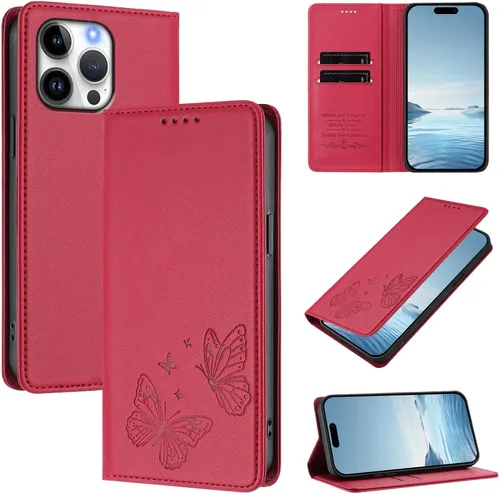 Miniatura 2 de Butterfly Embossed Leather Wallet Flip Case for Motorola Moto E22i 4G, Magnetic Closure, RFID Blocking Cover, Card Holder Red.