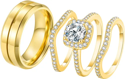 Anillos a juego para parejas, anillos a juego de 1.8 quilates chapados en oro de circonita cúbica para mujer, conjuntos de anillos de boda para él y