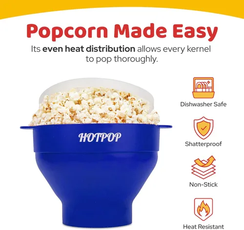 Miniatura 4 de El original Hotpop - Palomitero para microondas, máquina de palomitas de silicona, cuenco plegable sin BPA y apto para lavavajillas - 20 colores Azul