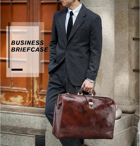 Miniatura 2 de Banuce Maletín de cuero vintage para hombres con cerradura para laptop de 15.6 pulgadas, bolsa de médico, funda rígida para adjuntar, Marrón