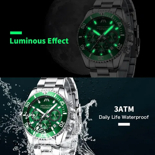 Miniatura 5 de MEGALITH Relojes para hombre, de acero inoxidable, resistente al agua, analógico, de cuarzo, moderno, de negocios, cronógrafo, con fecha automática