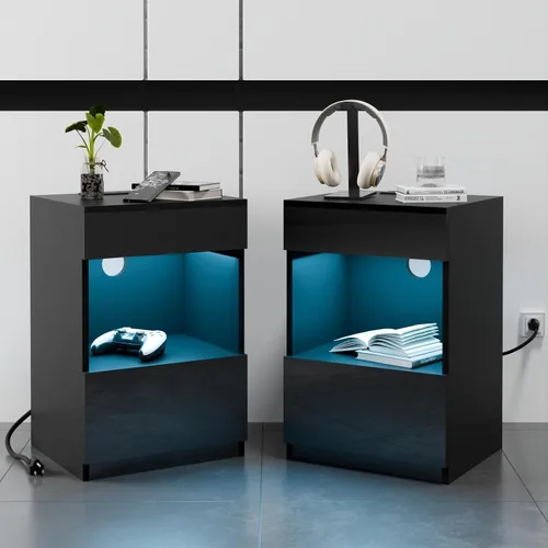 Miniatura 16 de HOMMPA Mesita de noche LED con estante abierto con estación de carga, 2 cajones, mesita de noche negra con almacenamiento, mesitas de noche