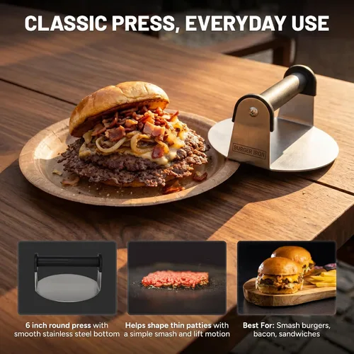 Miniatura 2 de Burger Iron Smash - Prensa para hamburguesas de 6 pulgadas, acero inoxidable, fondo plano redondo, herramienta para triturar hamburguesas, ideal