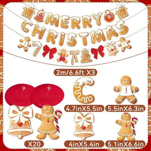 Miniatura 2 de Pancartas de Feliz Navidad, tema de pan de jengibre, decoración de fiesta navideña preencordada con 20 espirales colgantes para el hogar, la oficina