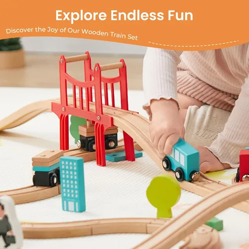 Miniatura 2 de Tiny Land Juego de tren de madera para niños pequeños, 39 piezas, con pistas de madera compatibles con las principales marcas, juguete de tren