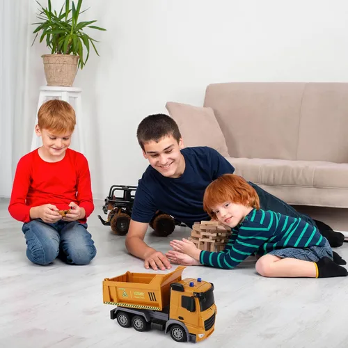 Miniatura 6 de IQKidz Camión volquete de juguete a control remoto – Vehículos de construcción RC con luces de advertencia azules, camiones de juguete para niños