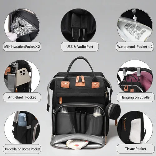 Miniatura 3 de Bolsa de pañales con estación de cambio, bolsa de bebé de viaje multifuncional, tote de bebé impermeable, bolsa de mamá de gran capacidad, mochila