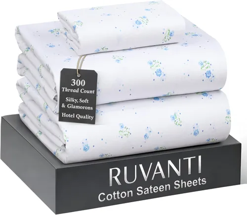 Miniatura 12 de RUVANTI Juego de sábanas de 100 % algodón tamaño matrimonial, tejido de satén suave y sedoso de 300 hilos, refrescante, ligero y transpirable, Beige