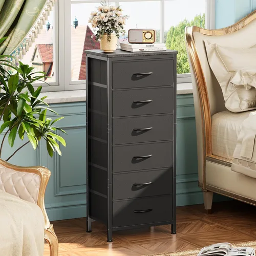 Miniatura 5 de Huuger Cómoda alta para dormitorio, cómoda estable de 7 cajones con dispositivo antipunta, cajones de piel sintética y tela, mesita de noche alta