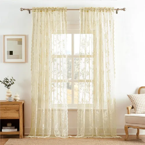 Miniatura 26 de SEEKRIGHT - 2 paneles de cortinas traslúcidas de encaje negro, cortinas góticas florales, cortinas victorianas con bolsillo para cortinero