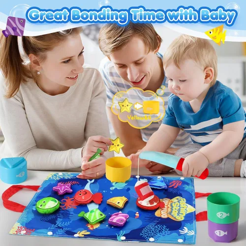 Miniatura 6 de Juguetes Montessori para niños de 1 año – Juego de pesca de tela para niños pequeños 17 en 1 con vasos apilables clasificación de colores, juguete