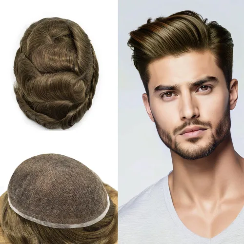 Miniatura 99 de Toupee For Men Real Human Hair System Mens Hair Piece Breathable Mens Toupee Durable Men Hairpiece 6X8#1 Jet Black 80% Density