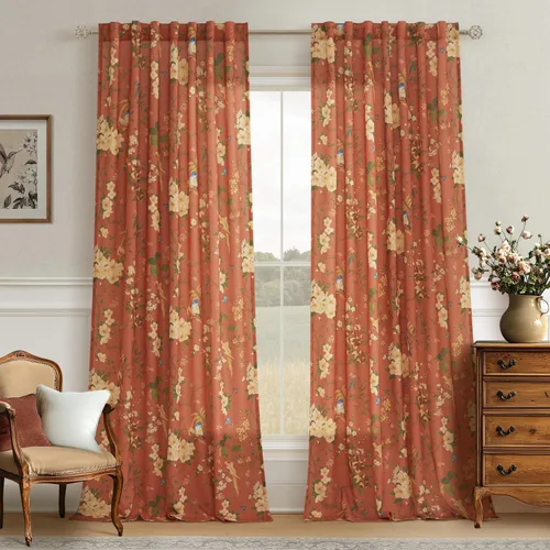 Miniatura 18 de Cortinas de lino florales azules y amarillas, estilo vintage, bohemio, de 63 pulgadas, 2 paneles con pestaña trasera para sala de estar
