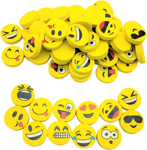 Borradores redondos amarillos de 1 pulgada con emoticon con cara sonriente (paquete de 72) de 1 pulgada, divertidos borradores de goma para la