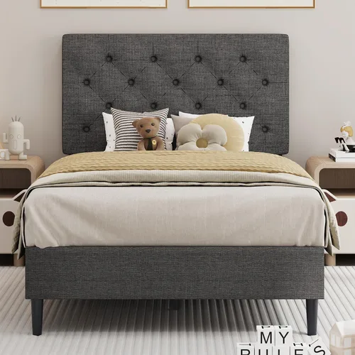 Miniatura 25 de BarnFurin Marcos de cama individual con cabecera capitoné con botones, cama de plataforma tapizada de lino con soporte de listones de madera, fácil