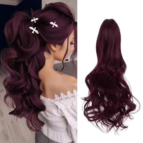 Miniatura 23 de Felendy Extensión de cola de caballo de 18 pulgadas, mezcla de rubio ceniza, marrón oscuro, rizado, ondulado, con clip, extensiones de cabello largo