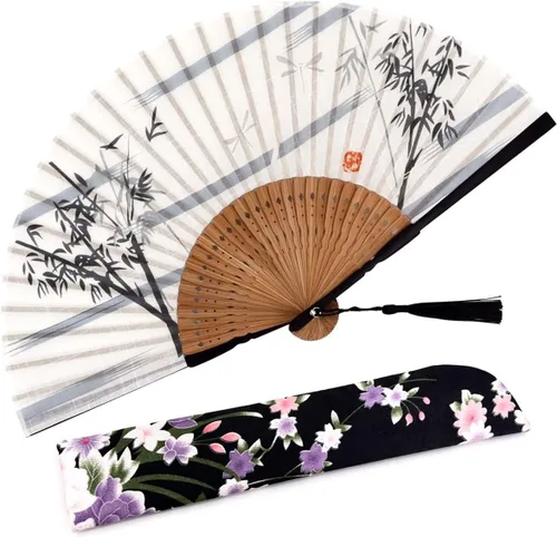 Miniatura 11 de Ventilador de mano plegable para mujer, estilo chino japonés vintage, de seda de bambú, 15 x 8.3 pulgadas, con borla y bolsa para fiesta, boda
