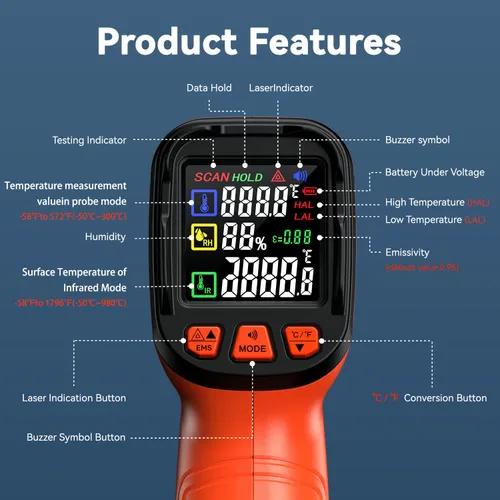 Miniatura 5 de Pistola Termómetro Infrarrojo, Incluye Sonda Tipo K para Humedad, Termómetro Digital Láser de Temperatura de -58 °F a 1796 °F para Cocinar, Pistola