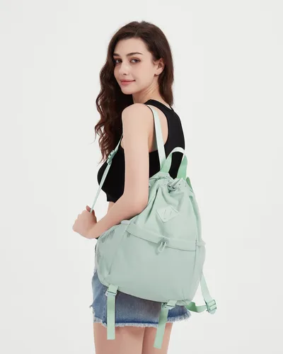 Miniatura 3 de WANDF Mochila con cordón para mujer, bolsa de gimnasio con correa para esterilla de yoga, resistente al agua, con bolsillo de malla, Verde