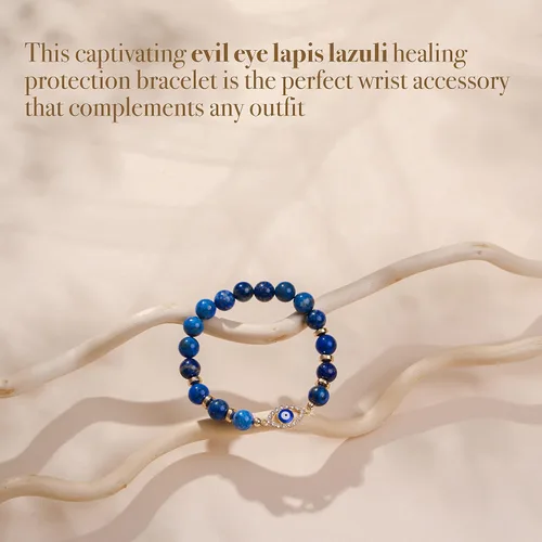 Miniatura 7 de VIBE MOOD ENERGY - Pulsera de protección Pulsera de cuentas de lapislázuli con dije contra el mal de ojo Pulsera de triple protección para aliviar