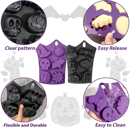 Miniatura 6 de Webake Molde para pastel de Halloween, moldes de silicona con forma de calabaza, calavera, fantasma, murciélago para pasteles, gelatina, jabón, 2