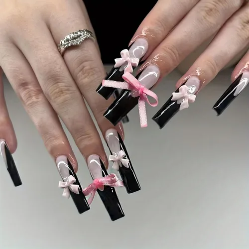 Miniatura 10 de 24 uñas postizas a presión de punta francesa negra, uñas postizas largas cuadradas, color rosa, cobertura completa, con diamantes de imitación, L1.
